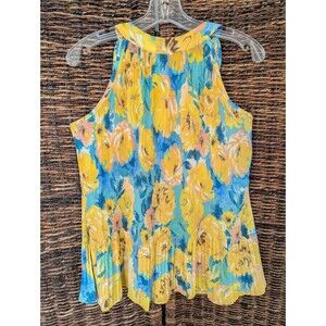 Keren Hart Floral Halter Tie Neck Accordian Pleats Artsy Top Medium Maximalist